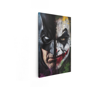 Artaza Canvas Schilderij Iconische Split-Gezicht van Batman en Joker met Verfspatten - 80x120 cm - Groot - Wanddecoratie Woonkamer - Schilderijen - Muurdecoratie
