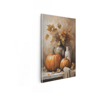 Artaza Canvas Schilderij Herfst Stilleven - 20x30 cm - Wanddecoratie Pompoenen - Muurdecoratie Bladeren - Schilderijen Op Canvas Vaas