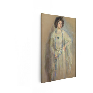 Artaza Canvas Schilderij Portret van een Elegante Vrouw in een Lichtgekleurde Jurk met Blauwe Kralenketting - 20x30 cm - Klein - Wanddecoratie Woonkamer - Schilderijen - Muurdecoratie