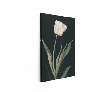 Artaza Canvas Schilderij Elegante Witte Tulp met Zachte Groene Bladeren tegen een Donkere Achtergrond - 20x30 cm - Klein - Wanddecoratie Woonkamer - Schilderijen - Muurdecoratie