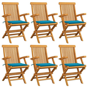 vidaXL Tuinstoelen 6 st met blauwe kussens massief teakhout