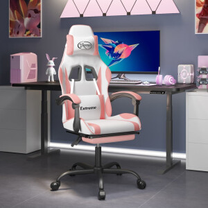 vidaXL Gamestoel draaibaar met voetensteun kunstleer wit en roze
