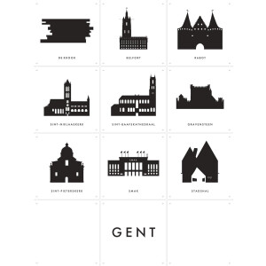 IXXI Gent Architectuur Collage Box, Kunst in Kaart - 60 x 80 cm - Gratis ophangtool - Grote wanddecoratie en posters - Grafisch Ontwerp, Woonkamer