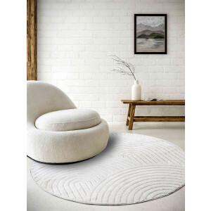Flycarpets Japandi vloerkleed laagpolig - New York Design - Panglao Wit 160cm rond Ø