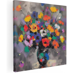 Artaza Canvas Schilderij Kunstwerk van Kleurrijke Bloemen in een Vaas - Bloemen - 60x60 cm - Wanddecoratie Woonkamer - Schilderijen - Muurdecoratie