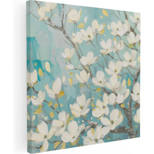 Artaza Canvas Schilderij Witte Bloemen aan een Boom - Bloemen - 80x80 cm - Groot - Wanddecoratie Woonkamer - Schilderijen - Muurdecoratie