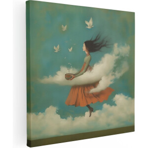 Artaza Canvas Schilderij Meisje in een Oranje Jurk die in de Wolken Vliegt - 30x30 cm - Klein - Wanddecoratie Woonkamer - Schilderijen - Muurdecoratie