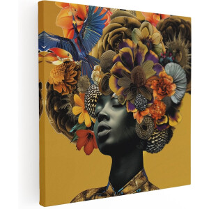 Artaza Canvas Schilderij Vrouw met Bloemen op haar Hoofd - Bloemen - 60x60 cm - Wanddecoratie Woonkamer - Schilderijen - Muurdecoratie