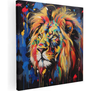 Artaza Canvas Schilderij Kleurrijk Kunstwerk van een Leeuw met Verfspatten - 60x60 - Muurdecoratie - Foto Op Canvas - Canvas Print