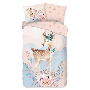 Dekbedovertrek Katoen-Flanel - Josy - Eenpersoons (140x200 Cm) - Meerkleurig & Roze & Blauw Flanel Katoen - Dieren & Natuur & Bloemen - Good Morning - Dekbed-Discounter.nl