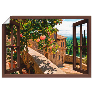 Artland Artprint Blik uit het venster rozen op balkon Toscane als artprint van aluminium, artprint voor buiten, artprint op linnen, poster, muursticker