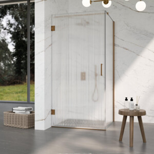 Fortifura Galeria Douchecabine - 100x90x200cm - scharnieren - deurgreep - stabilisatiestang - helder geribbeld - veiligheidsglas - Geborsteld koper PVD (Koper) SW1208822/SW1122565/SW876702/SW797951