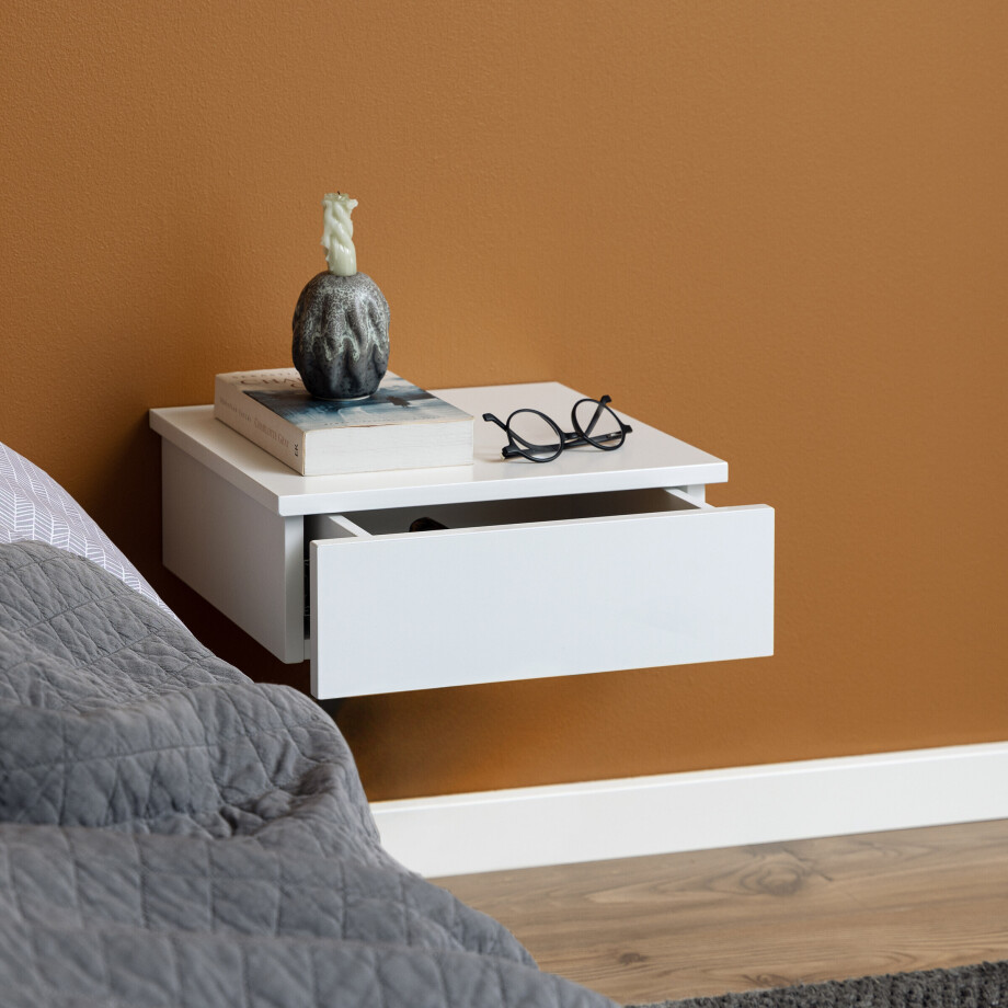Bendt Zwevend Nachtkastje 'Grete' met 1 lade, kleur Wit Bendt Zwevend Nachtkastje 'Grete' met 1 lade, kleur Wit afbeelding 1