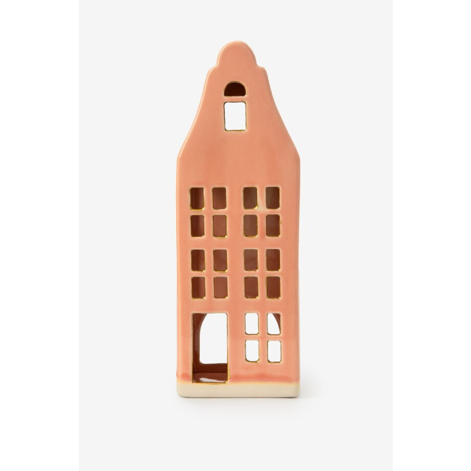 Lichtroze waxinelichthouder huisje met klokgevel afbeelding 1