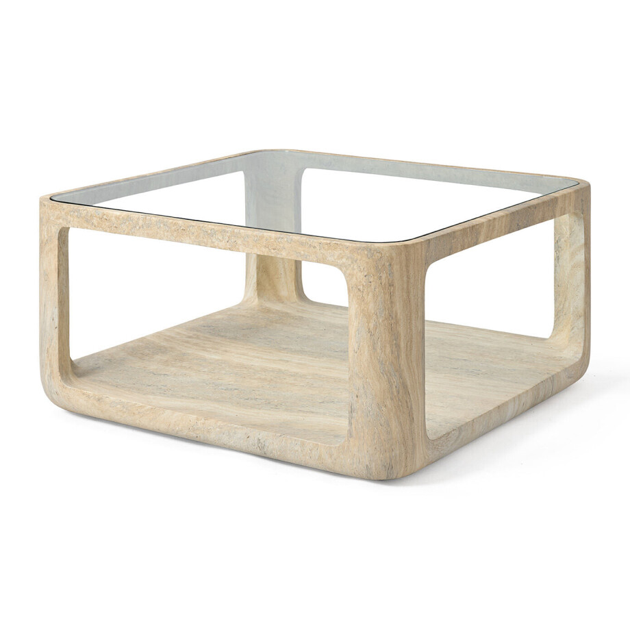 Jesper Home Salontafel 'Yobeko' Travertinlook en glas, 80 x 80cm afbeelding 