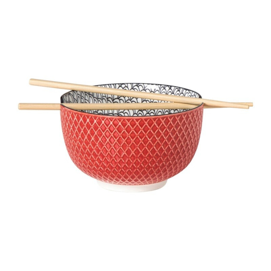 Schaaltje met eetstokjes Amira - rood/zwart - ø15x9 cm Schaaltje met eetstokjes Amira - rood/zwart - ø15x9 cm afbeelding