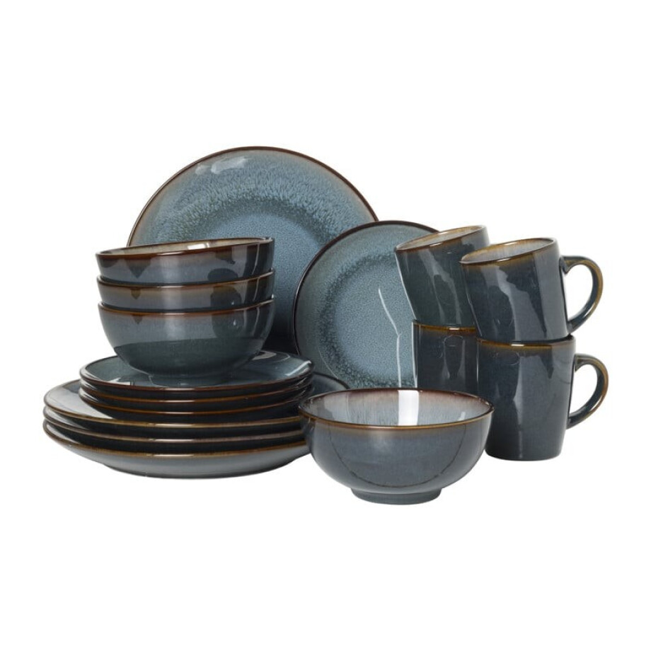 Serviesset - blauw - 16-delig - 4 persoons - reactive glaze afbeelding 