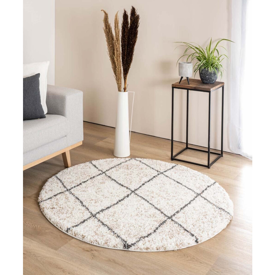Rond hoogpolig vloerkleed geruit Artisan - wit/grijs 80 cm afbeelding 1