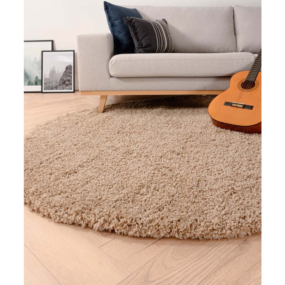 Rond hoogpolig vloerkleed shaggy Grand effen - beige 120 cm afbeelding 1