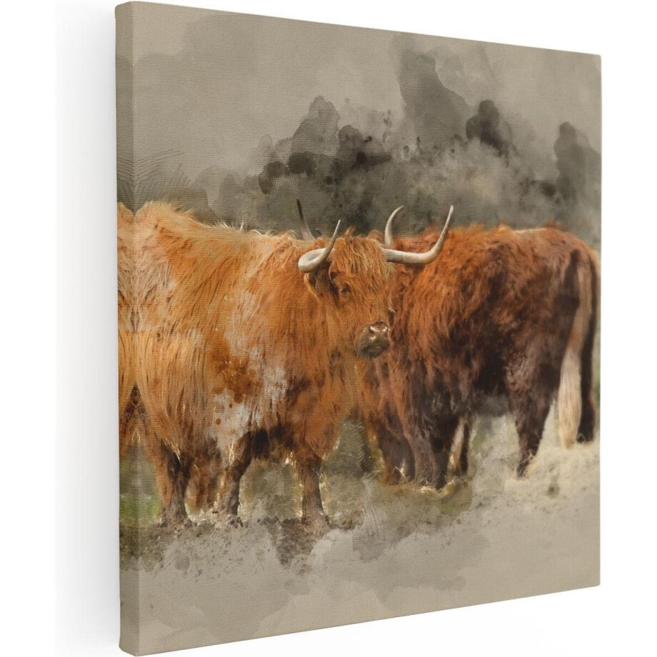 Artaza Canvas Schilderij Twee Schotse Hooglander Koeien - Abstract - 90x90 - Groot - Foto Op Canvas - Canvas Print afbeelding 1