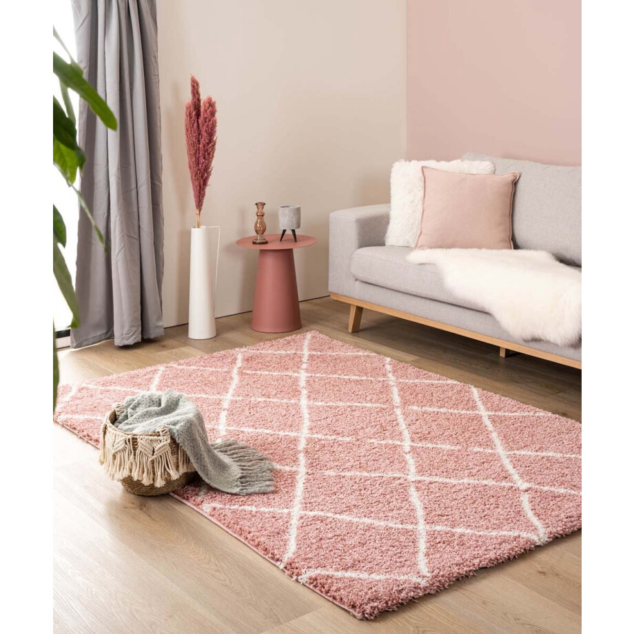 Hoogpolig vloerkleed ruiten Artisan - roze/wit 300x400 cm afbeelding 1