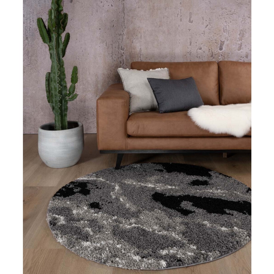 Rond hoogpolig vloerkleed Marble Artisan - grijs 80 cm afbeelding 1
