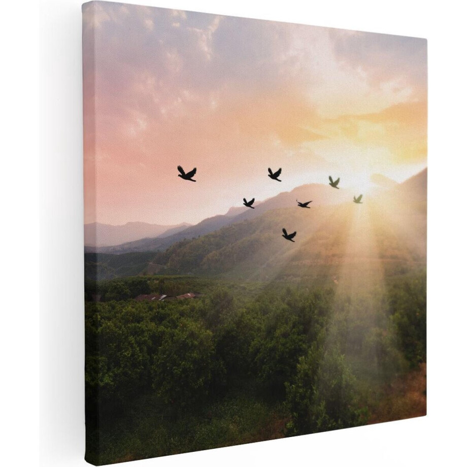 Artaza Canvas Schilderij Silhouet Zwerm Vogels Bij Zonsondergang - 90x90 - Groot - Foto Op Canvas - Canvas Print afbeelding 1