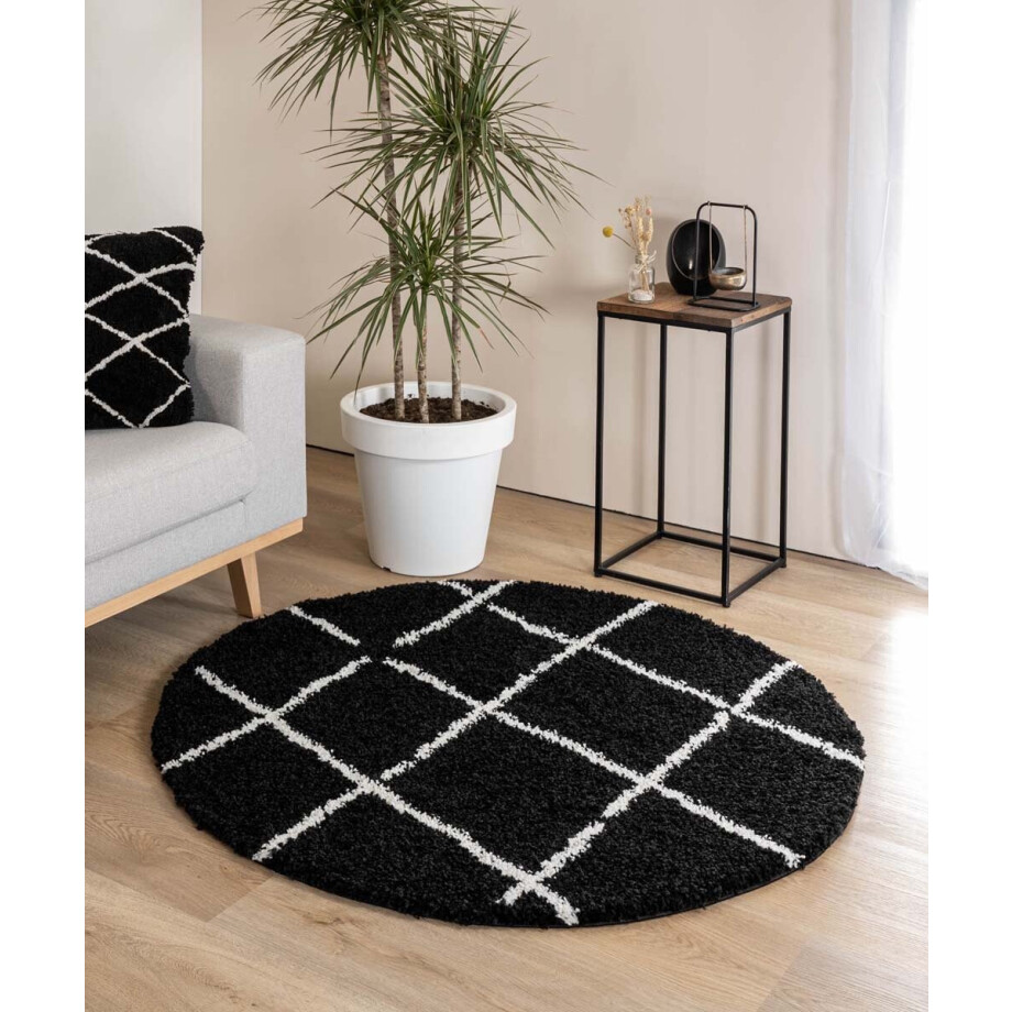 Rond hoogpolig vloerkleed ruiten Artisan - zwart/wit 120 cm afbeelding 1