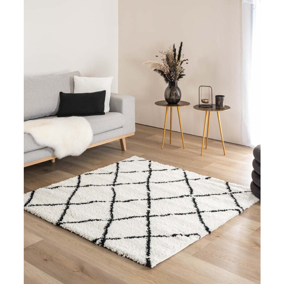 Vierkant hoogpolig vloerkleed ruiten Artisan - wit/zwart 140x140 cm afbeelding 1