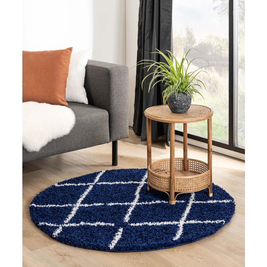 Rond hoogpolig vloerkleed ruiten Habitat - marineblauw/wit 280 cm Rond hoogpolig vloerkleed ruiten Habitat - marineblauw/wit 280 cm afbeelding 1