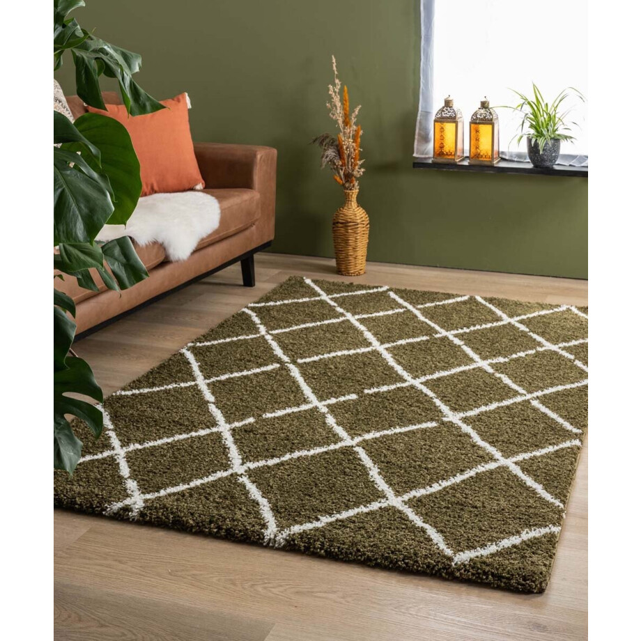 Hoogpolig vloerkleed ruiten Artisan - olijfgroen/wit 240x340 cm Hoogpolig vloerkleed ruiten Artisan - olijfgroen/wit 240x340 cm afbeelding 1