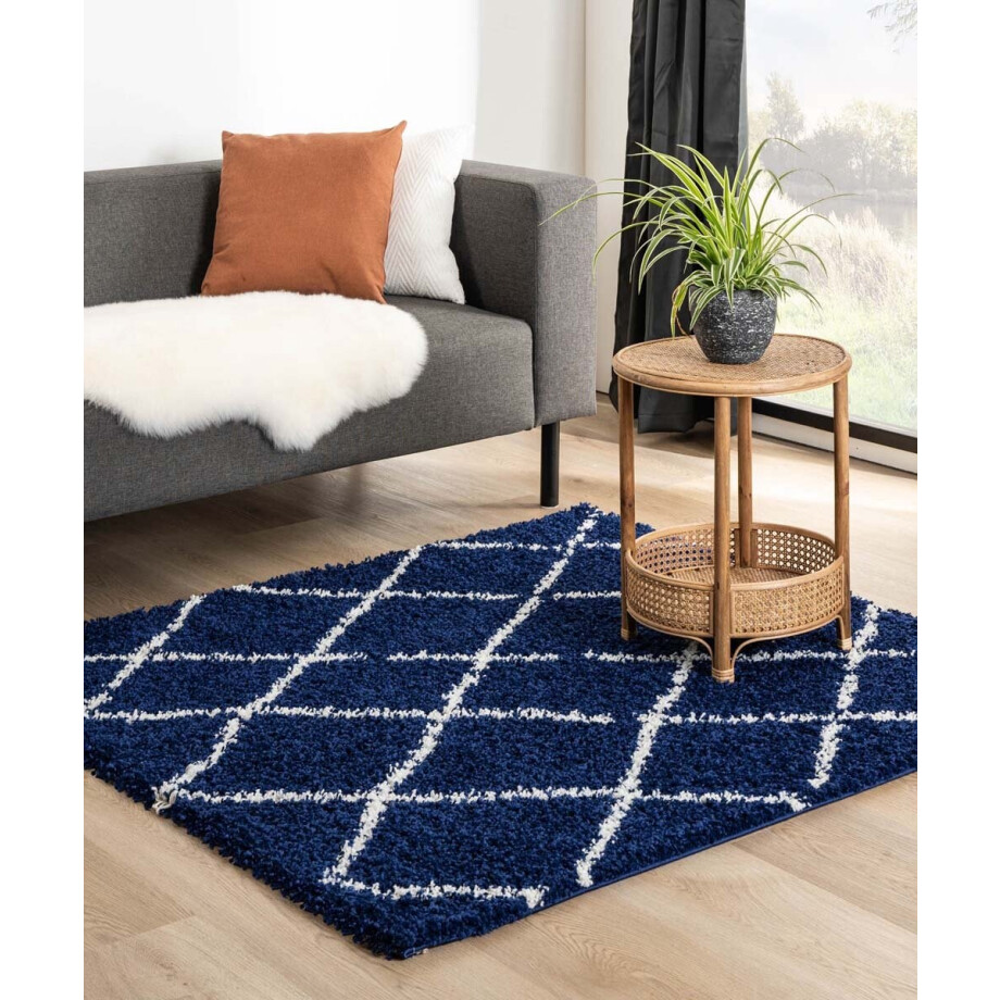 Vierkant hoogpolig vloerkleed ruiten Habitat - marineblauw/wit 240x240 cm afbeelding 1