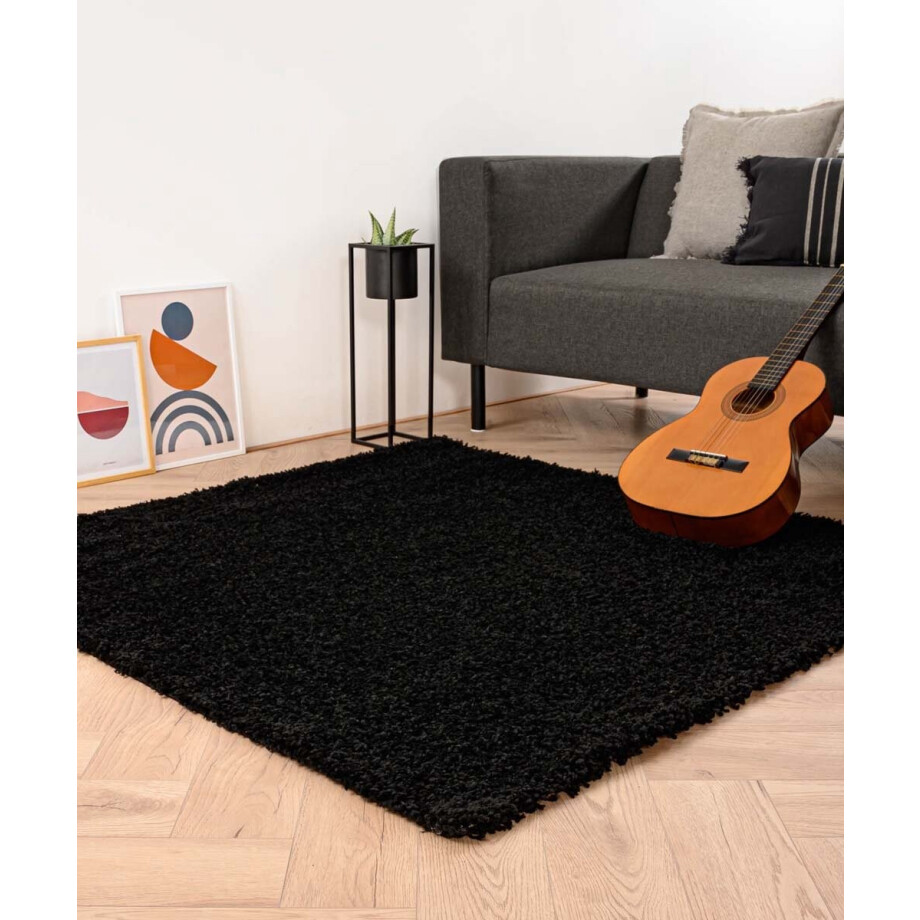 Vierkant hoogpolig vloerkleed shaggy Trend effen - zwart 160x160 cm afbeelding 1