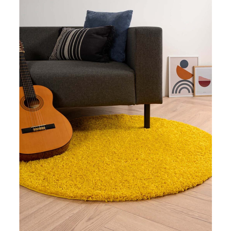 Rond hoogpolig vloerkleed shaggy Trend effen - geel 120 cm afbeelding 1