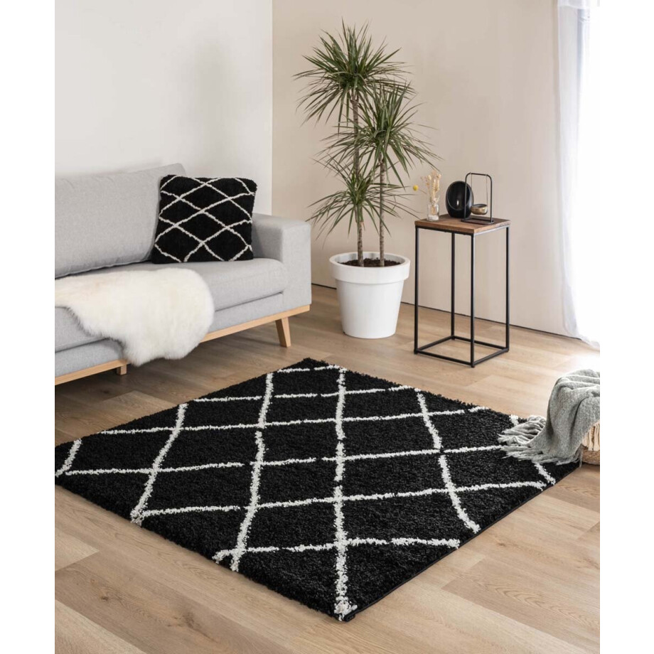 Vierkant hoogpolig vloerkleed ruiten Artisan - zwart/wit 160x160 afbeelding 1