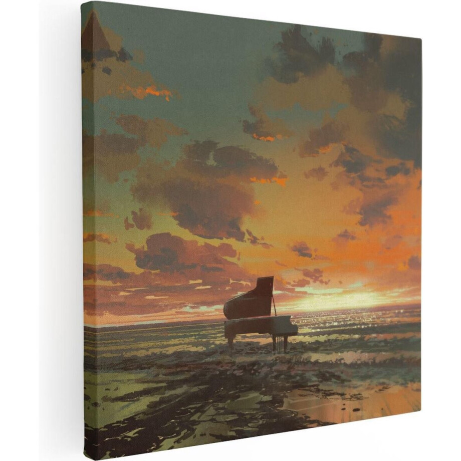 Artaza Canvas Schilderij Piano op het Strand bij Zonsondergang - 70x70 cm - Wanddecoratie Woonkamer - Schilderijen - Muurdecoratie afbeelding 1