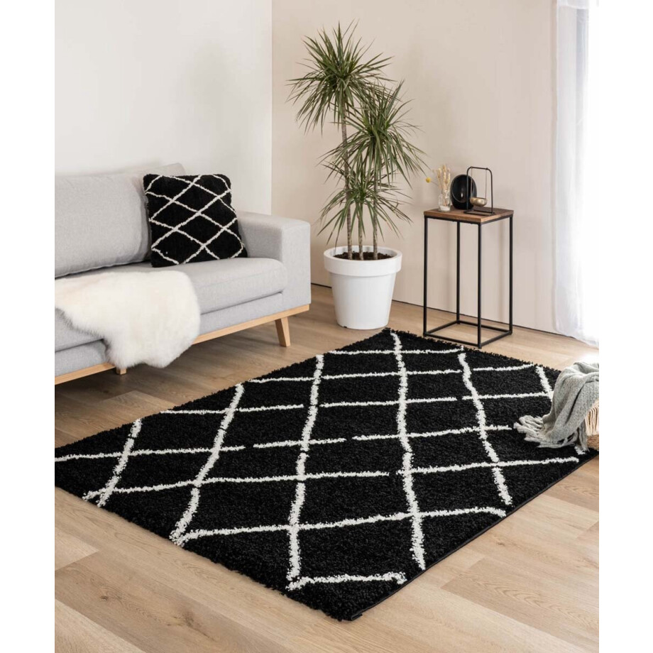 Hoogpolig vloerkleed ruiten Artisan - zwart/wit 200x300 cm Hoogpolig vloerkleed ruiten Artisan - zwart/wit 200x300 cm afbeelding 1