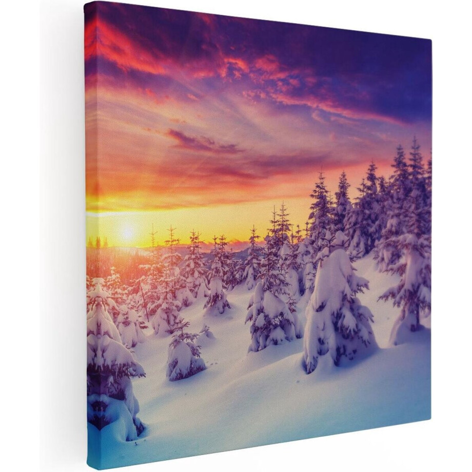 Artaza Canvas Schilderij Winterlandschap - 60x60 cm - Wanddecoratie Zonsondergang - Muurdecoratie Bos - Schilderijen Op Canvas Sneeuw afbeelding 1