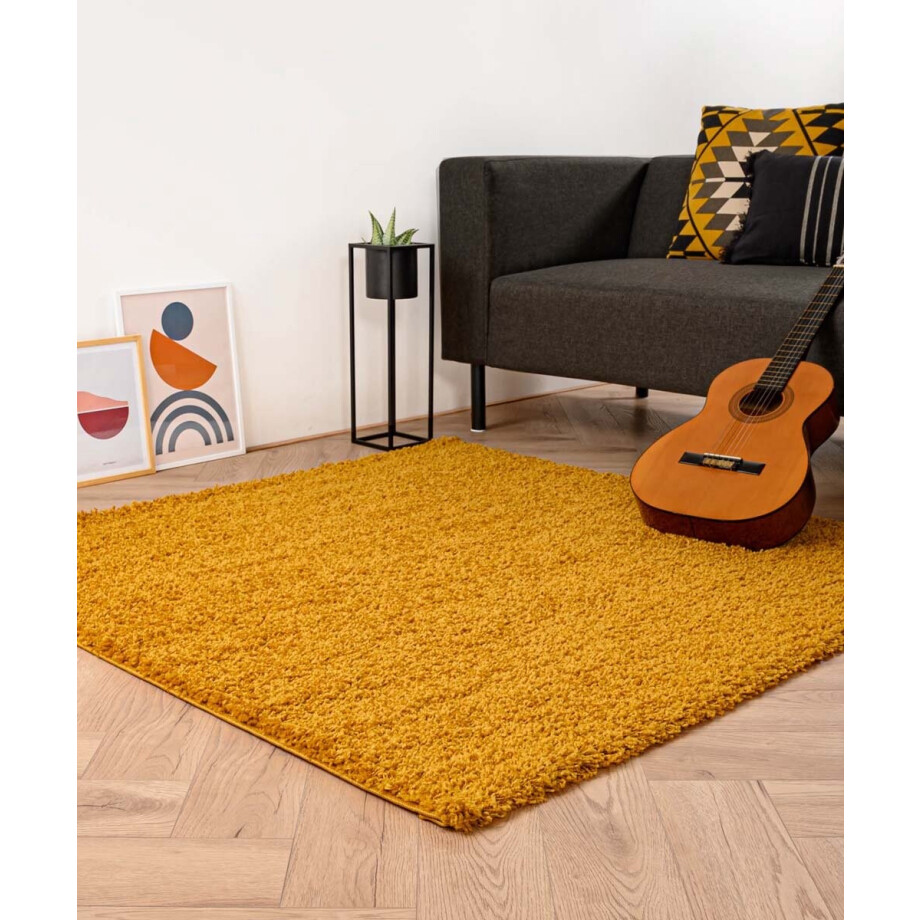 Vierkant hoogpolig vloerkleed shaggy Trend effen - okergeel 160x160 cm afbeelding 1
