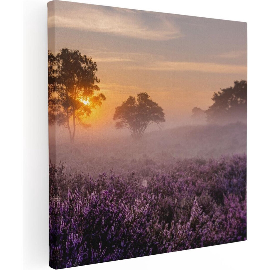 Artaza Canvas Schilderij Zonsondergang - 30x30 cm - Klein - Wanddecoratie Heide - Muurdecoratie Landschap - Kamer Accessoires Bomen Mist afbeelding 1