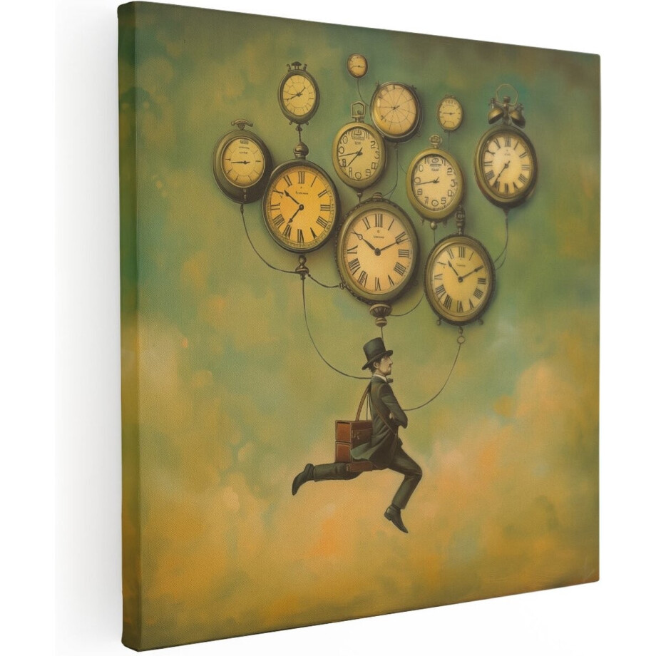 Artaza Canvas Schilderij Mens Vliegt door de Lucht met Klokken - 60x60 cm - Wanddecoratie Woonkamer - Schilderijen - Muurdecoratie afbeelding 1