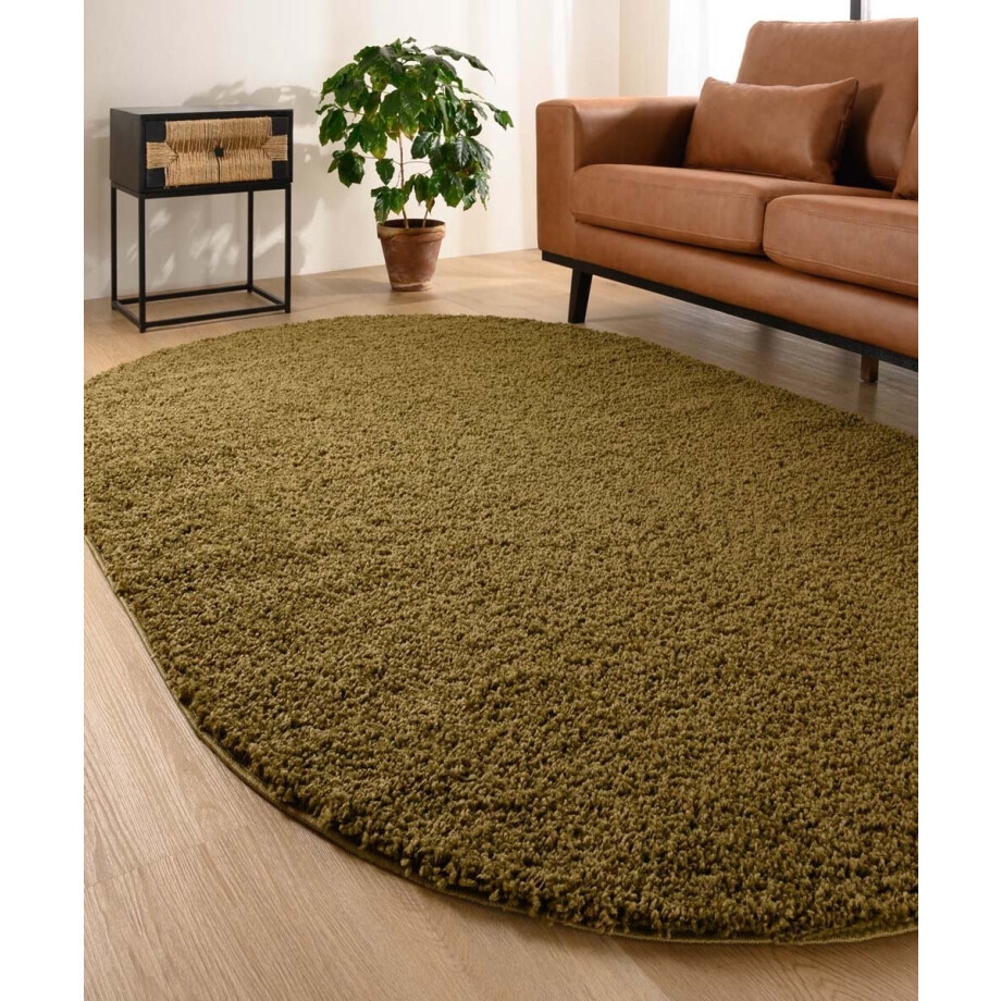 Ovaal hoogpolig vloerkleed shaggy Trend effen - olijfgroen 300x400 cm afbeelding 1