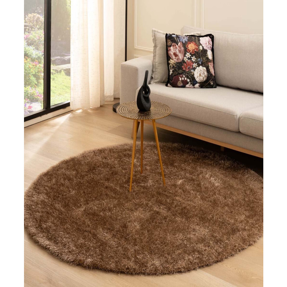 Rond hoogpolig vloerkleed velvet - Posh bruin 120 cm afbeelding 1