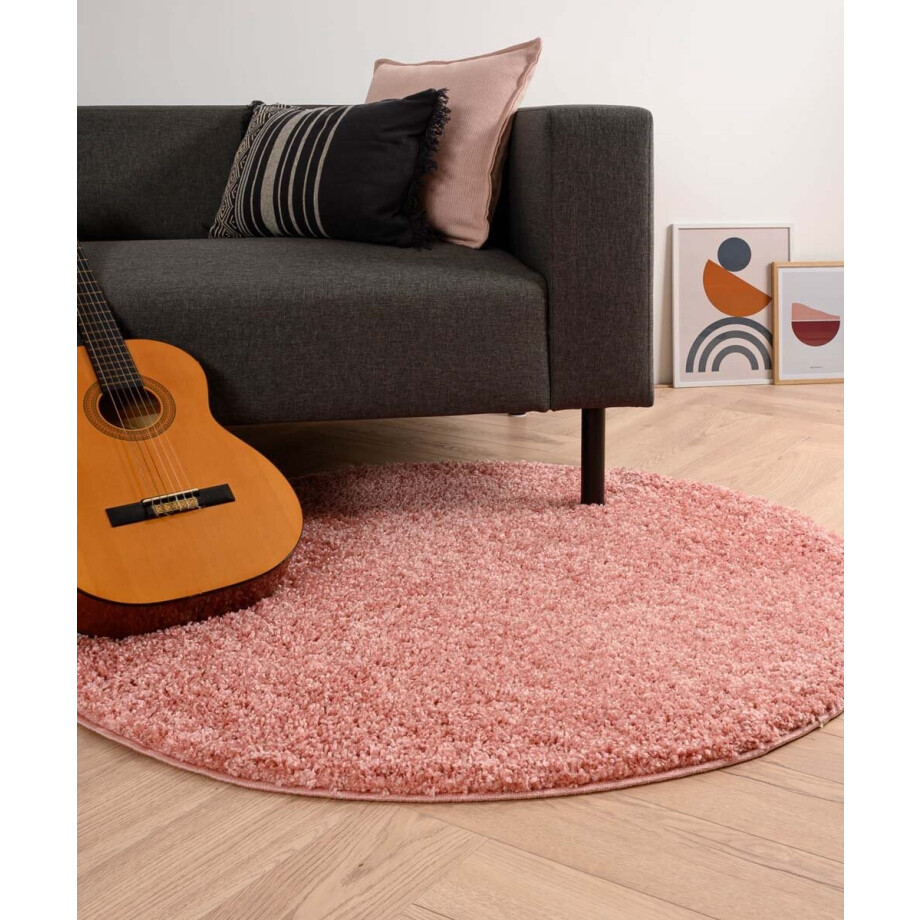 Rond hoogpolig vloerkleed shaggy Trend effen - roze 160 cm afbeelding 1