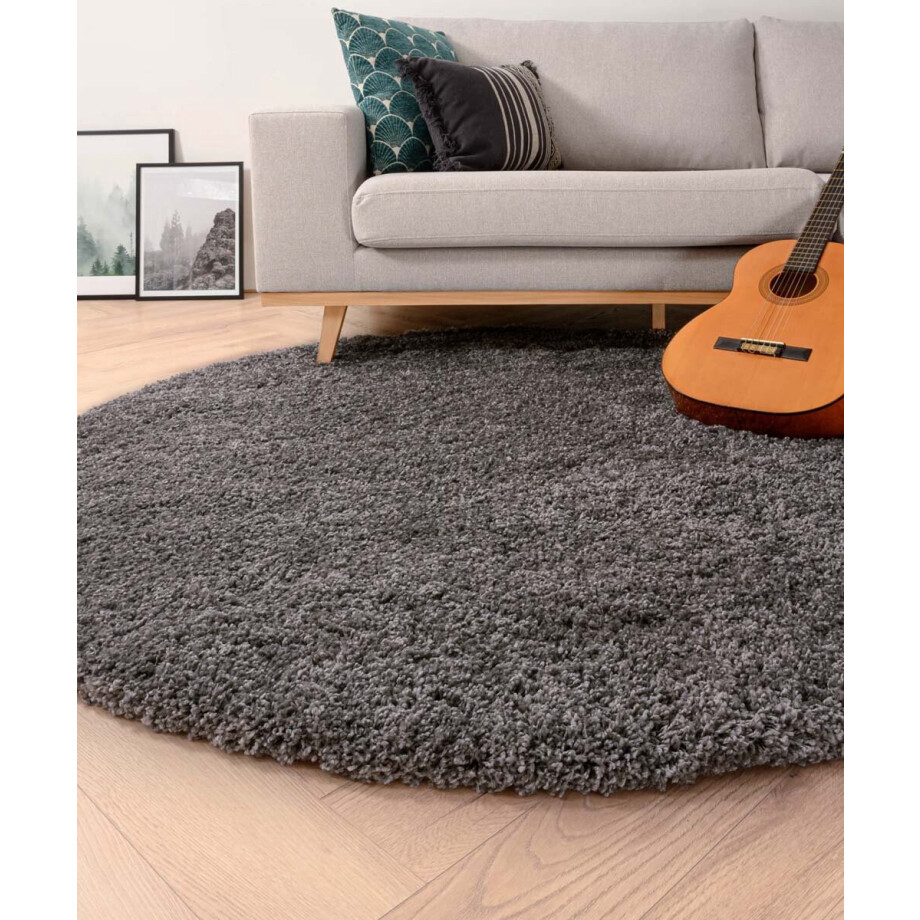 Rond hoogpolig vloerkleed shaggy Grand effen - donkergrijs 240 cm afbeelding 1