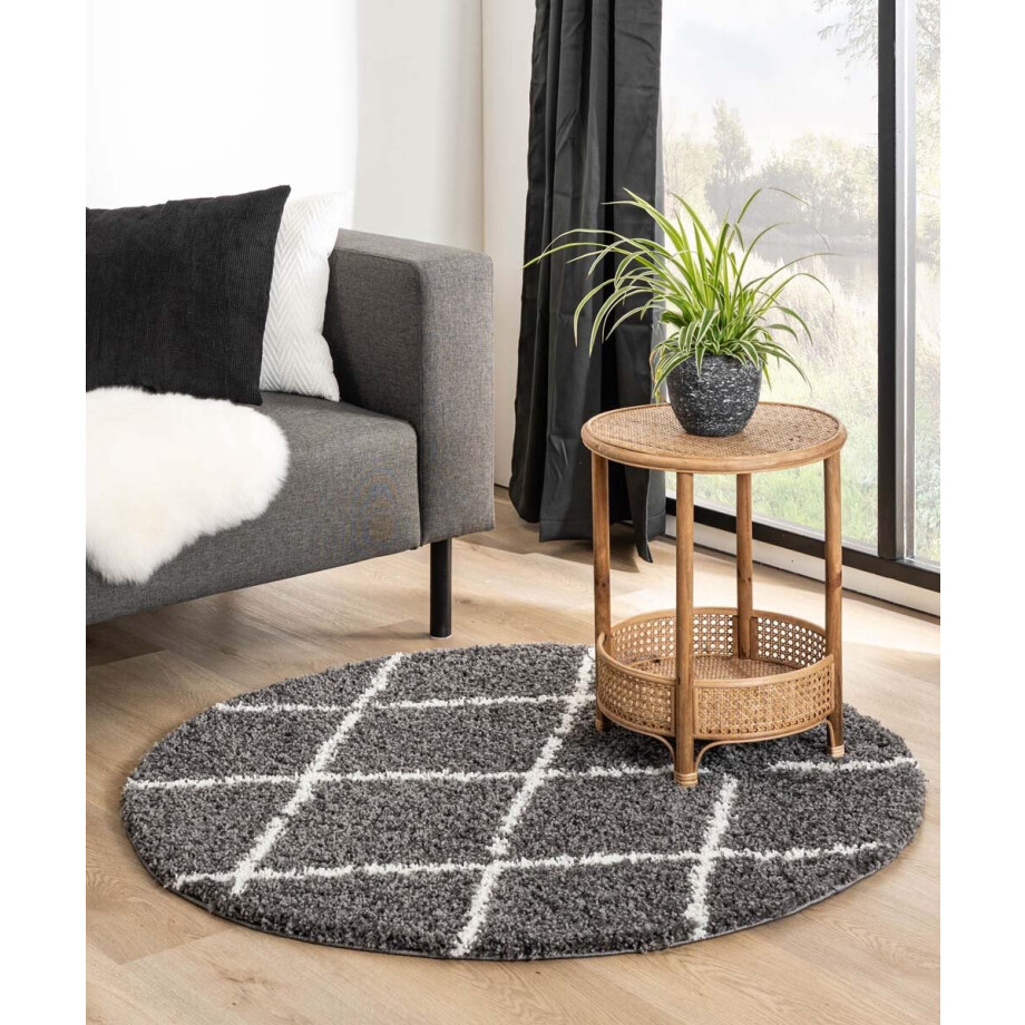 Rond hoogpolig vloerkleed ruiten Habitat - grijs/wit 240 cm afbeelding 1