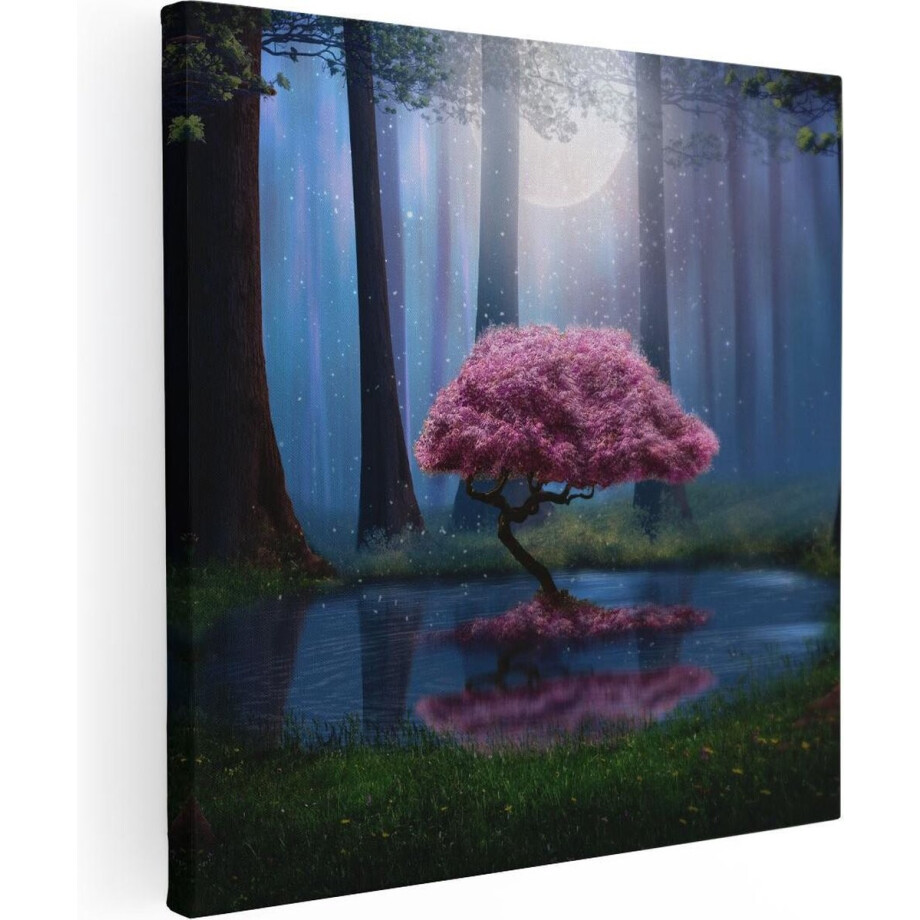 Artaza Canvas Schilderij Roze Boom Op Een Vijver In De Nacht - 30x30 - Klein - Foto Op Canvas - Canvas Print afbeelding 1