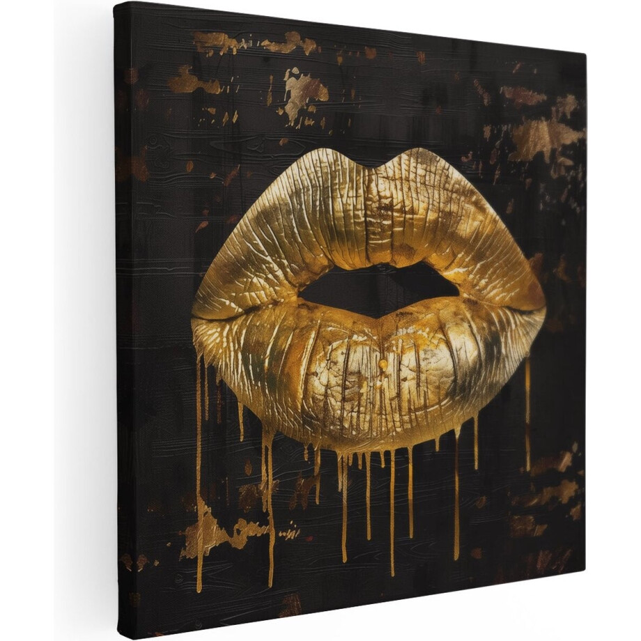 Artaza Canvas Schilderij Gouden Lippen op een Zwarte Achtergrond - 80x80 - Groot - Foto Op Canvas - Canvas Print afbeelding 1
