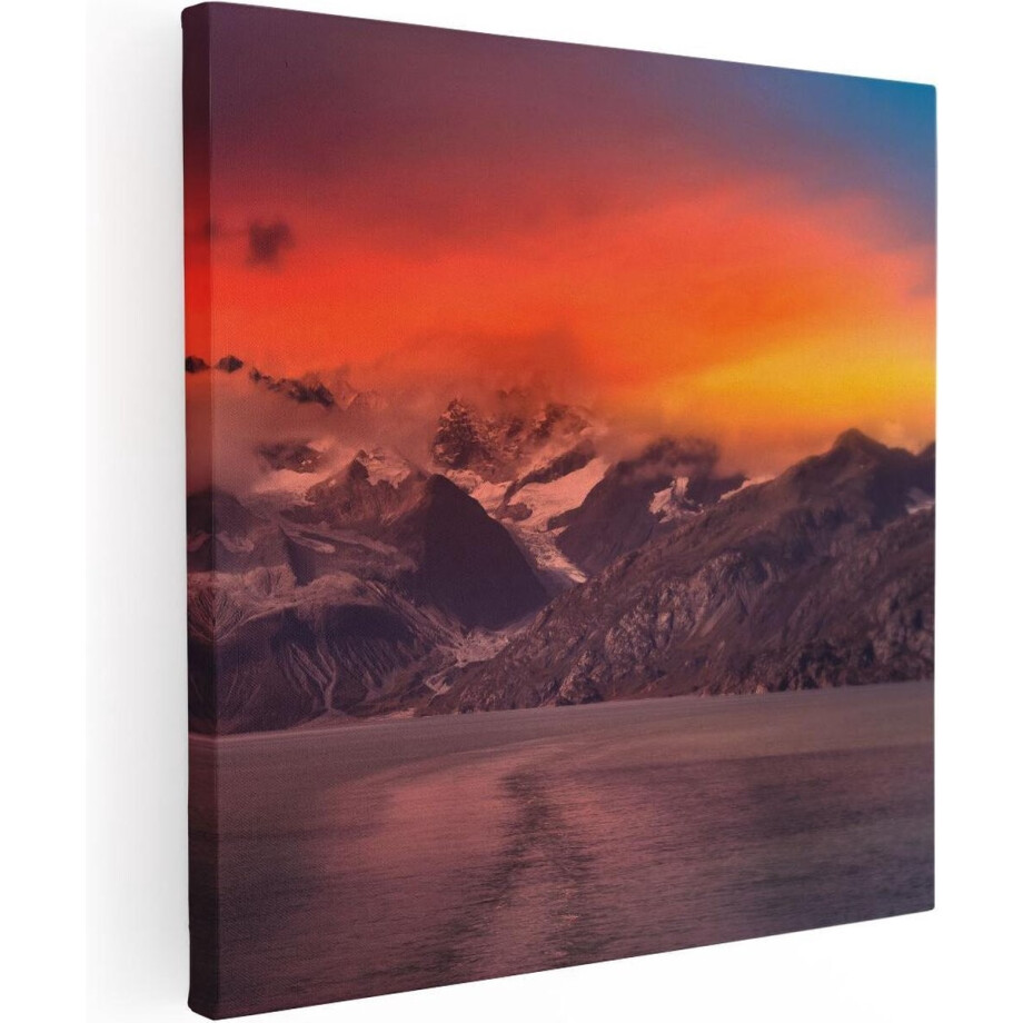 Artaza Canvas Schilderij Meer Bij De Bergen Bij Zonsondergang - 90x90 - Groot - Foto Op Canvas - Canvas Print afbeelding 1