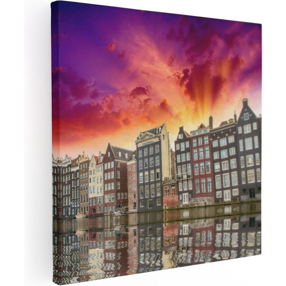 Artaza Canvas Schilderij Amsterdamse Huisjes Bij Het Kanaal - Kleur - 60x60 - Foto Op Canvas - Canvas Print afbeelding 1